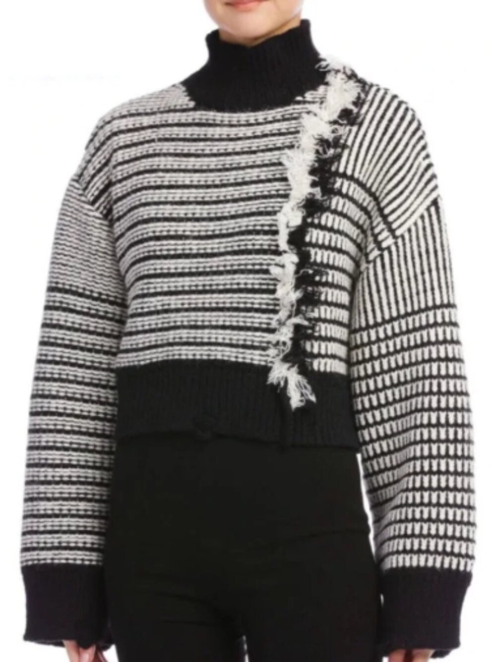 Avantlook Striped Border Fringe Knit Turtleneck Sweater Black White Large S